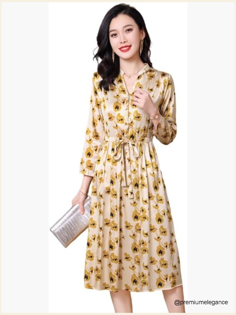 Silk Long Sleeve V-Neck Button-Front Midi Dress With Drawstring Waist